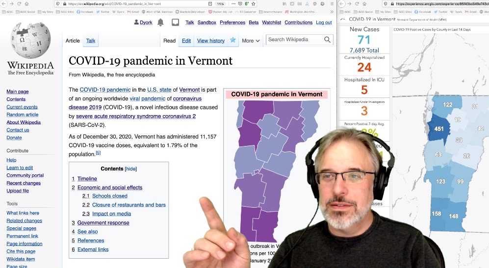 Screen capture of a computer screen with two wikipedia pages of the state of Vermont, with one titled "COVID-19 pandemic in Vermont", with an image of Dan York in front of those screens.